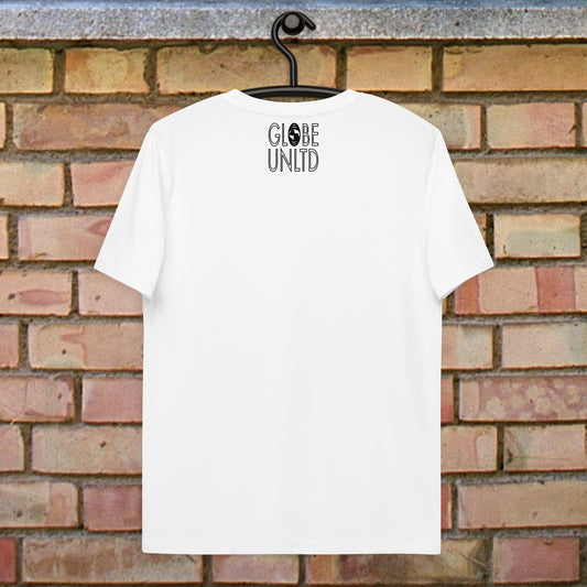 Globe UNLTD Barcelona BCN Boarding Card 100% Organic Cotton T-Shirt in White. Back Facing on Clothes Hanger.
