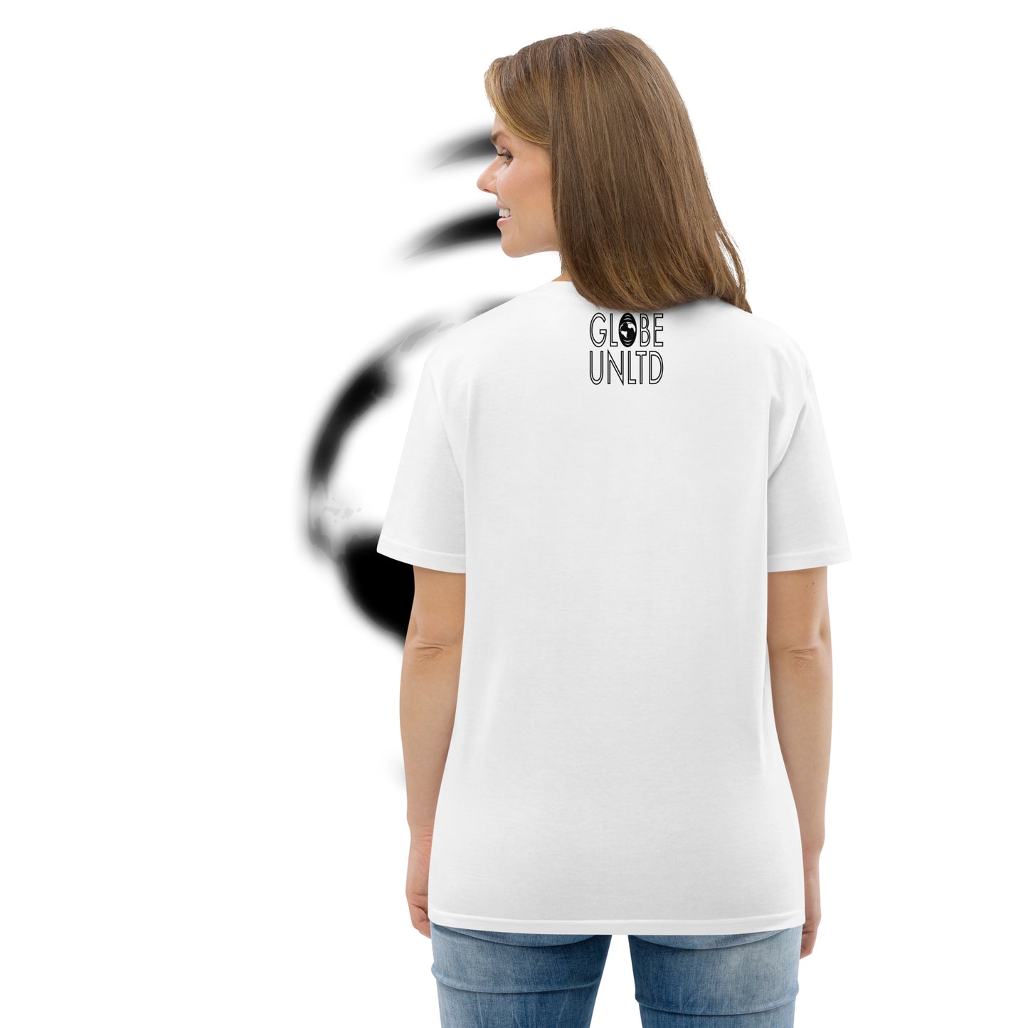 Globe UNLTD Barcelona BCN Boarding Card 100% Organic Cotton T-Shirt in White. Back Facing on Model.