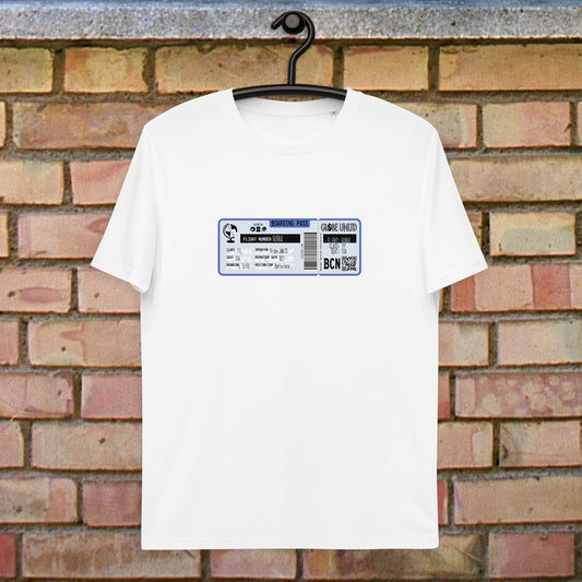 Globe UNLTD Barcelona BCN Boarding Card 100% Organic Cotton T-Shirt in White. Front Facing on Clothes Hanger.