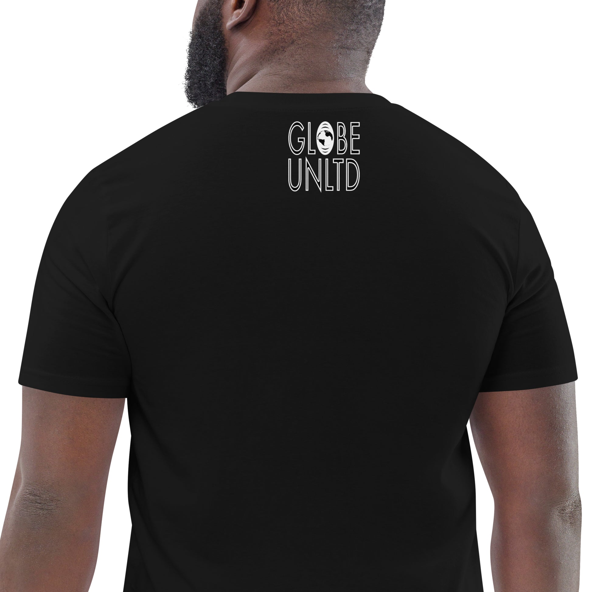 Globe UNLTD Los Angeles LAX Graffiti 100% Organic Cotton T-Shirt in Black. Back Facing on Model.