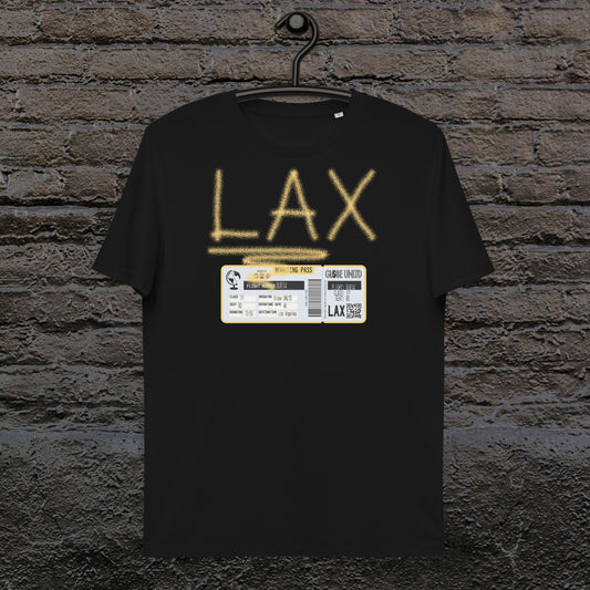 Globe UNLTD Los Angeles LAX Graffiti 100% Organic Cotton T-Shirt in Black. Front Facing on Clothes Hanger.