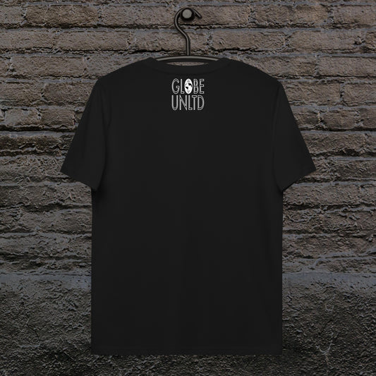 Globe UNLTD Los Angeles LAX Boarding Card 100% Organic Cotton T-Shirt in Black. Back Facing on Clothes Hanger.