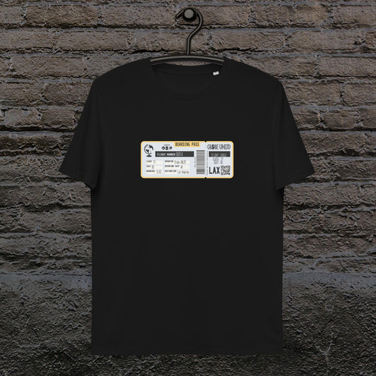 Globe UNLTD Los Angeles LAX Boarding Card 100% Organic Cotton T-Shirt in Black. Front Facing on Clothes Hanger.