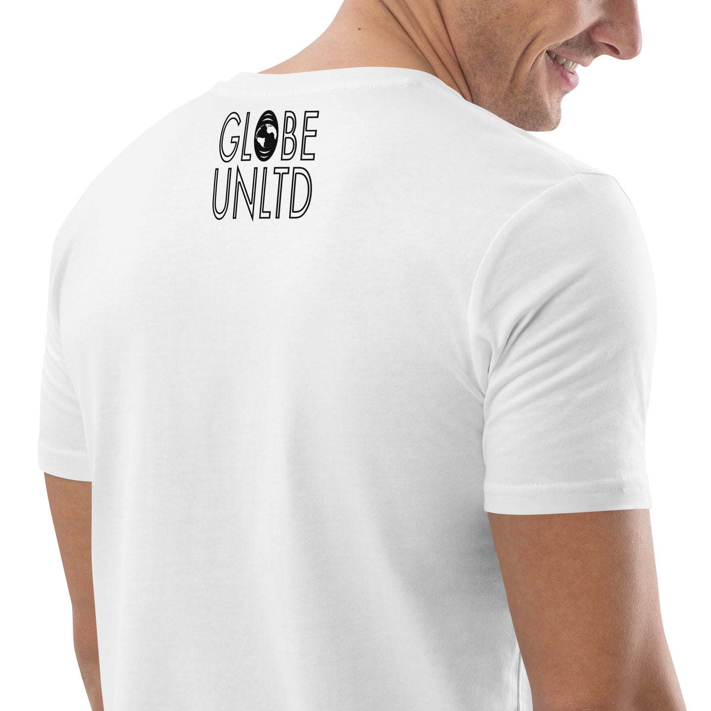 Globe UNLTD Los Angeles LAX Graffiti 100% Organic Cotton T-Shirt in White. Back Facing on Model.