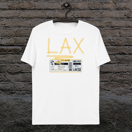 Globe UNLTD Los Angeles LAX Graffiti 100% Organic Cotton T-Shirt in White. Front Facing on Clothes Hanger.