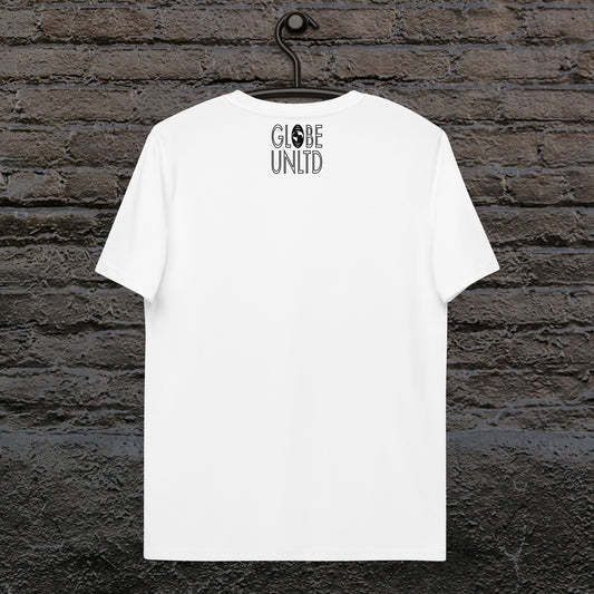 Globe UNLTD Los Angeles LAX Boarding Card 100% Organic Cotton T-Shirt in White. Back Facing on Clothes Hanger.
