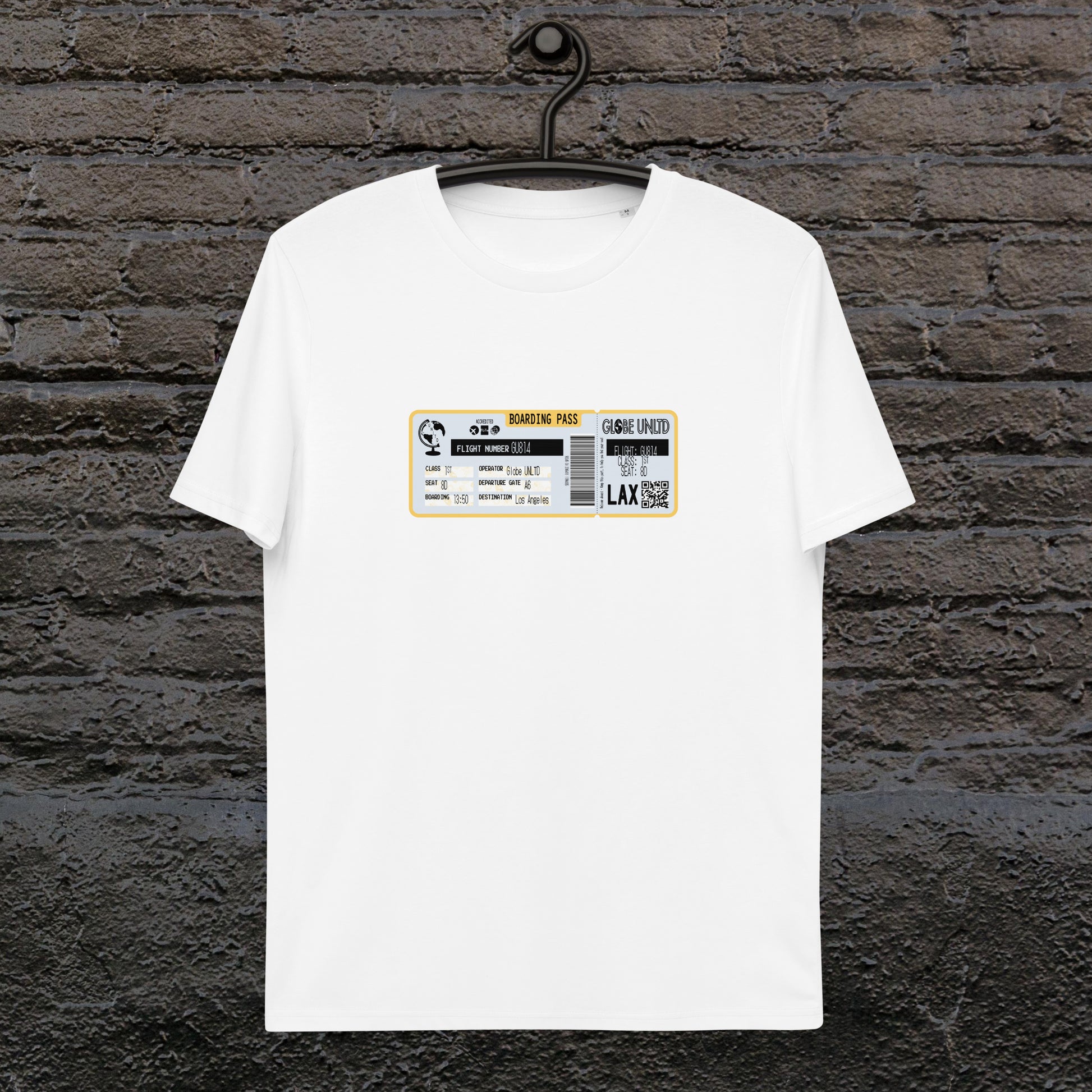 Globe UNLTD Los Angeles LAX Boarding Card 100% Organic Cotton T-Shirt in White. Front Facing on Clothes Hanger.
