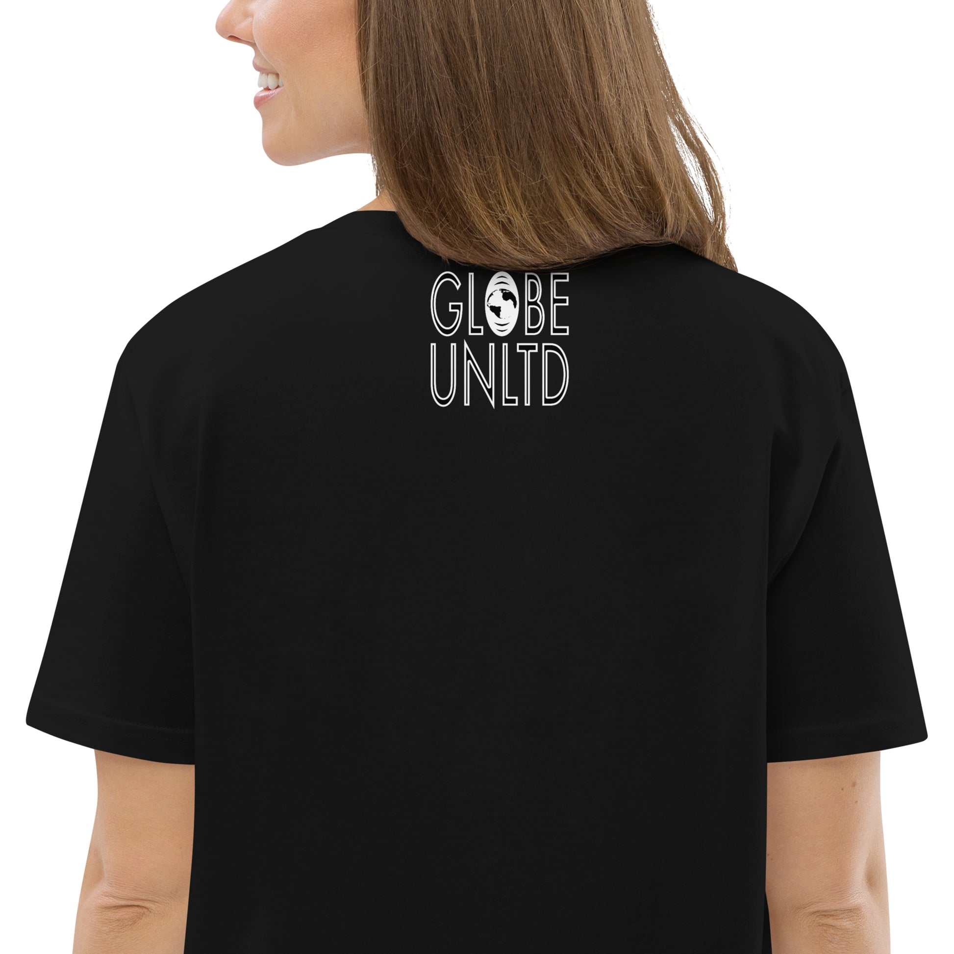 Globe UNLTD London LON Graffiti 100% Organic Cotton T-Shirt in Black. Back Facing on Model.