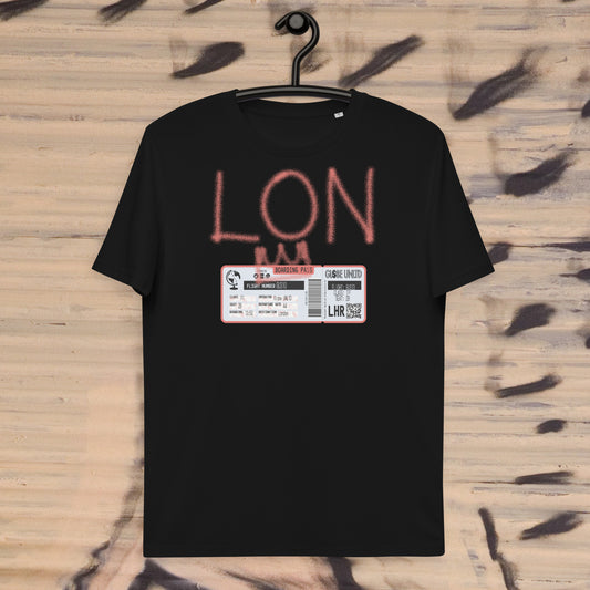 Globe UNLTD London LON Graffiti 100% Organic Cotton T-Shirt in Black. Front Facing on Clothes Hanger.