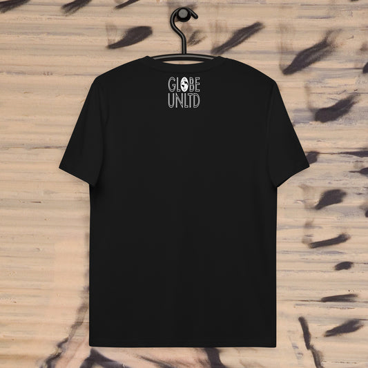Globe UNLTD London LON Graffiti 100% Organic Cotton T-Shirt in Black. Back Facing on Clothes Hanger.