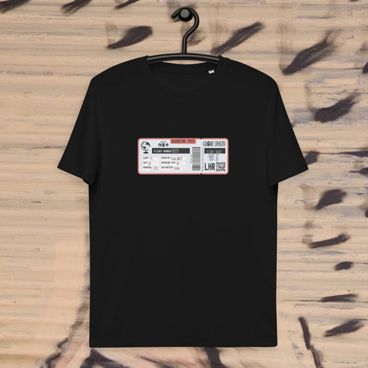Globe UNLTD London LHR Boarding Card 100% Organic Cotton T-Shirt in Black. Front Facing on Clothes Hanger.