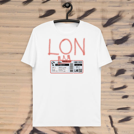 Globe UNLTD London LON Graffiti 100% Organic Cotton T-Shirt in White. Front Facing on Clothes Hanger.
