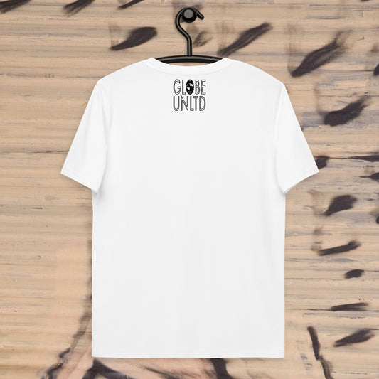 Globe UNLTD London LHR Boarding Card 100% Organic Cotton T-Shirt in White. Back Facing on Clothes Hanger.