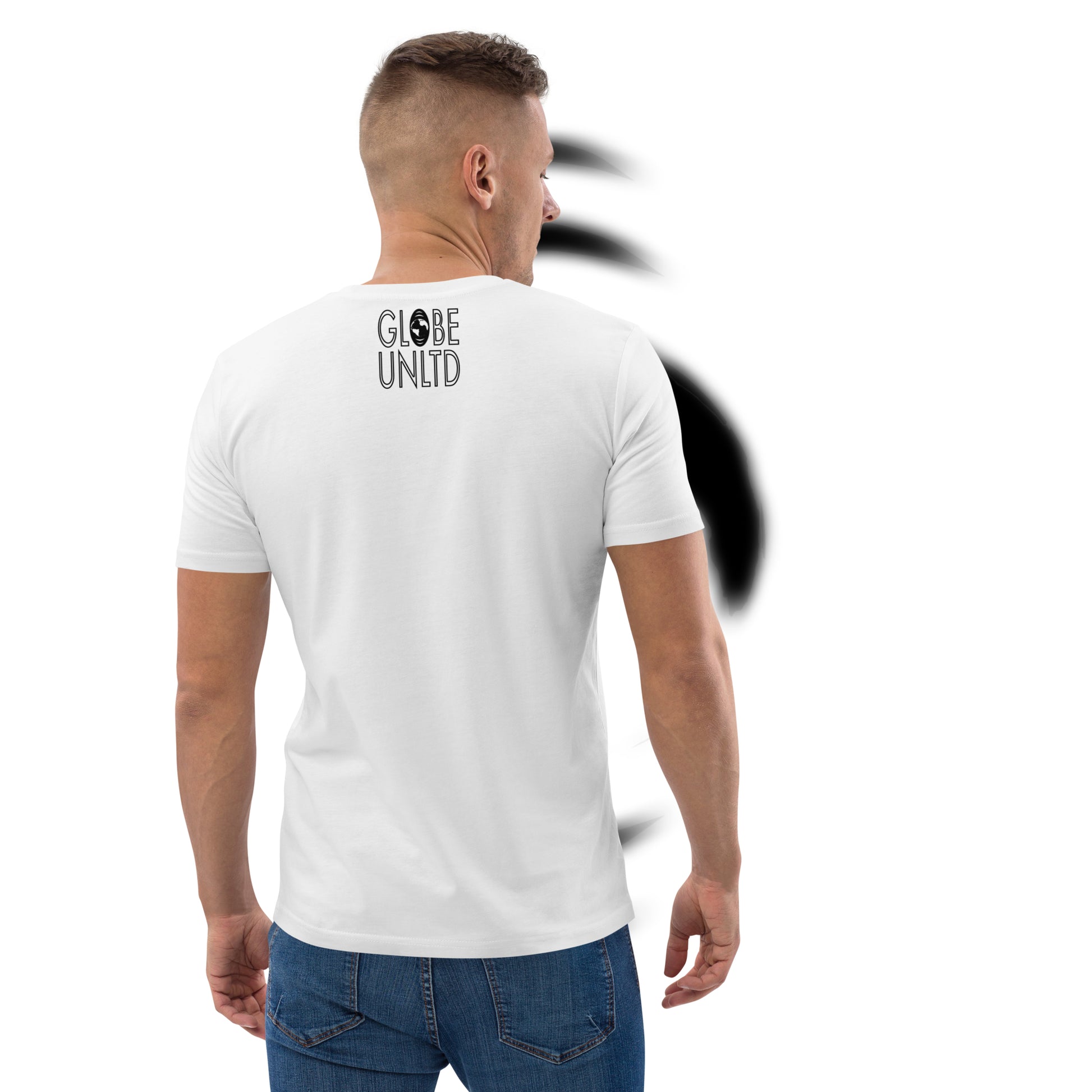 Globe UNLTD London LHR Boarding Card 100% Organic Cotton T-Shirt in White. Back Facing on Model.