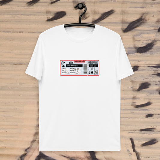 Globe UNLTD London LHR Boarding Card 100% Organic Cotton T-Shirt in White. Front Facing on Clothes Hanger.