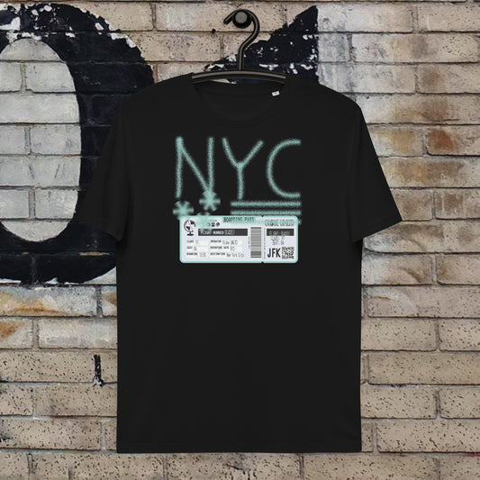 Globe UNLTD New York City NYC Graffiti 100% Organic Cotton T-Shirt in Black. Front Facing on Clothes Hanger.