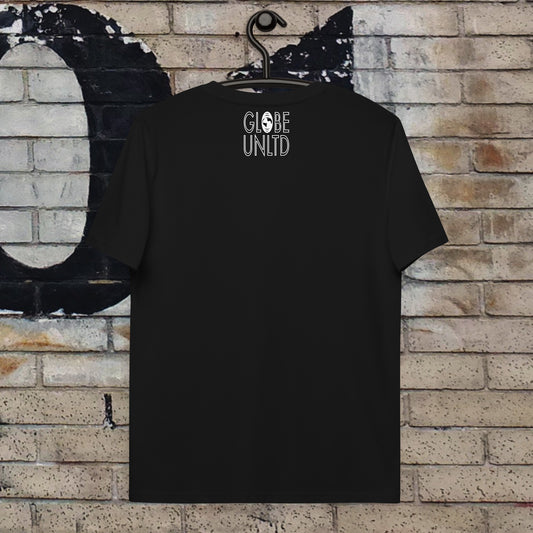 Globe UNLTD New York City NYC Graffiti 100% Organic Cotton T-Shirt in Black. Back Facing on Clothes Hanger.