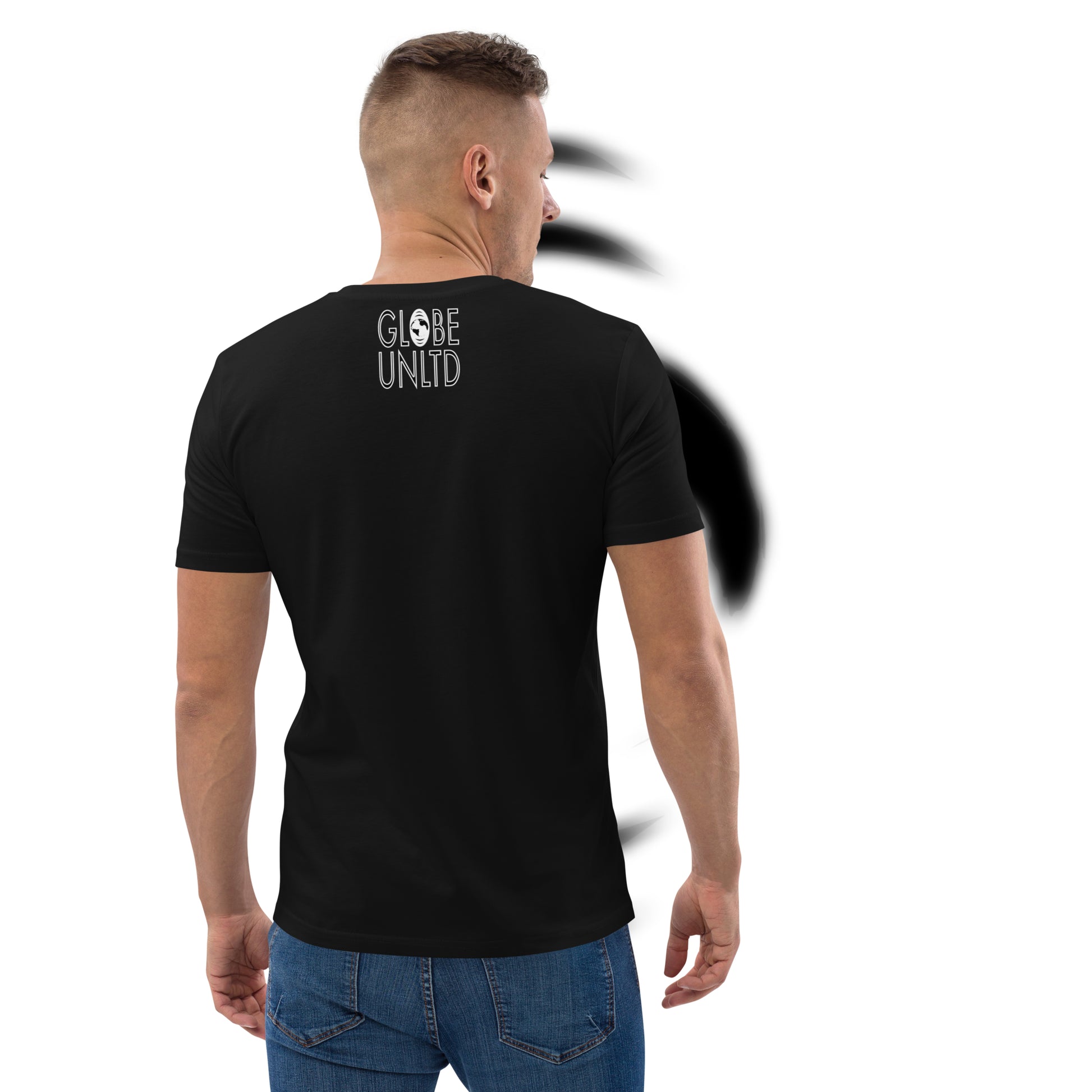 Globe UNLTD New York City JFK Boarding Card 100% Organic Cotton T-Shirt in Black. Back Facing on Model.
