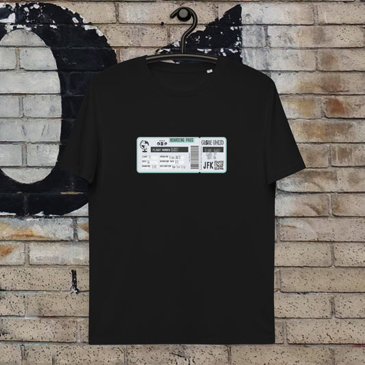 Globe UNLTD New York City JFK Boarding Card 100% Organic Cotton T-Shirt in Black. Front Facing on Clothes Hanger.