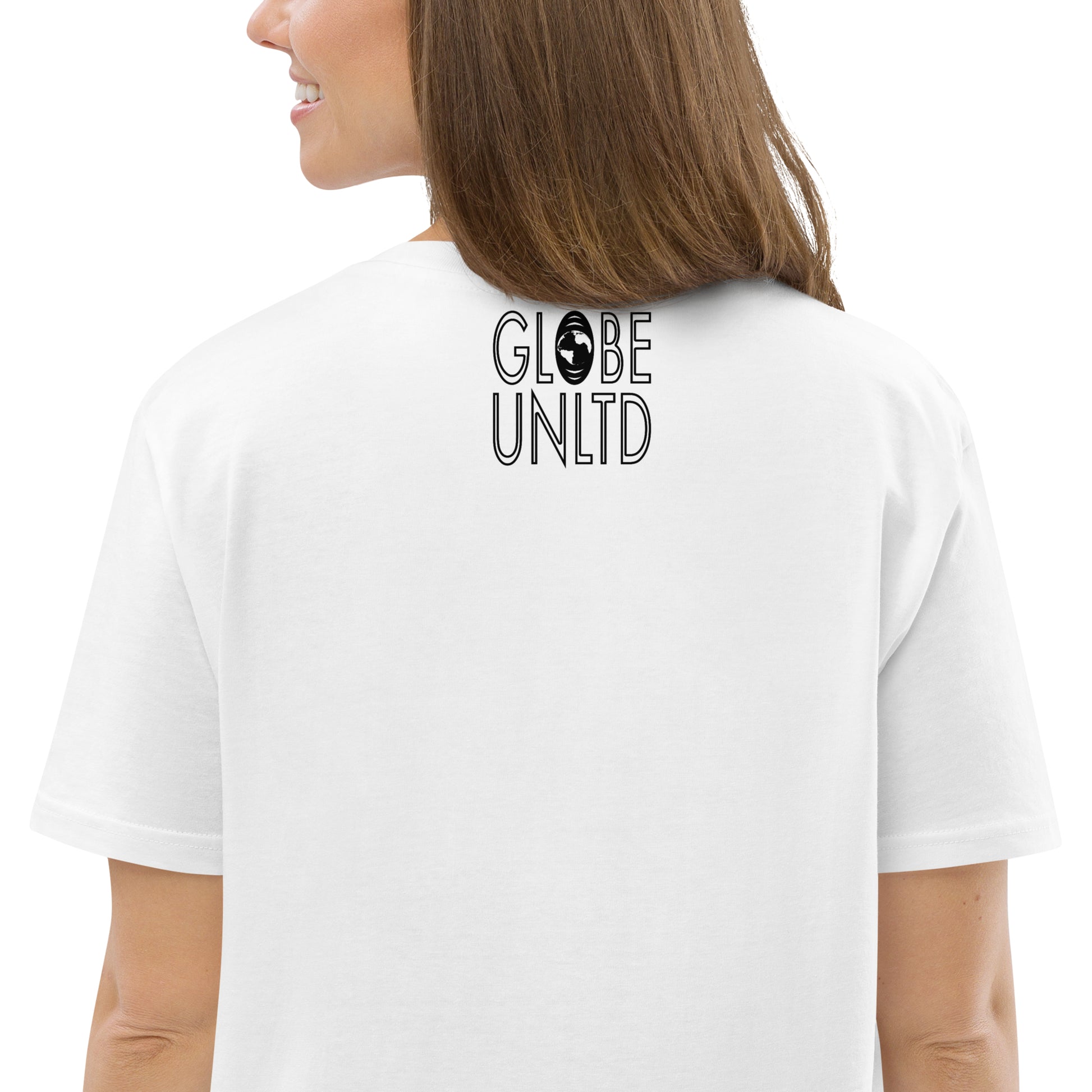 Globe UNLTD New York City NYC Graffiti 100% Organic Cotton T-Shirt in White. Back Facing on Model.
