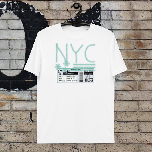Globe UNLTD New York City NYC Graffiti 100% Organic Cotton T-Shirt in White. Front Facing on Clothes Hanger.