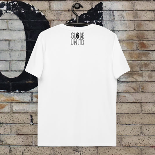 Globe UNLTD New York City JFK Boarding Card 100% Organic Cotton T-Shirt in White. Back Facing on Clothes Hanger.