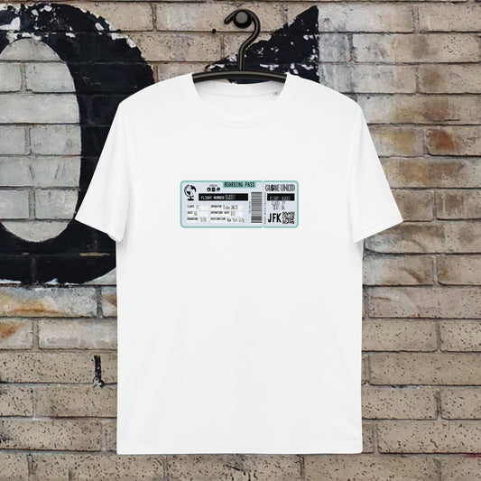Globe UNLTD New York City JFK Boarding Card 100% Organic Cotton T-Shirt in White. Front Facing on Clothes Hanger.
