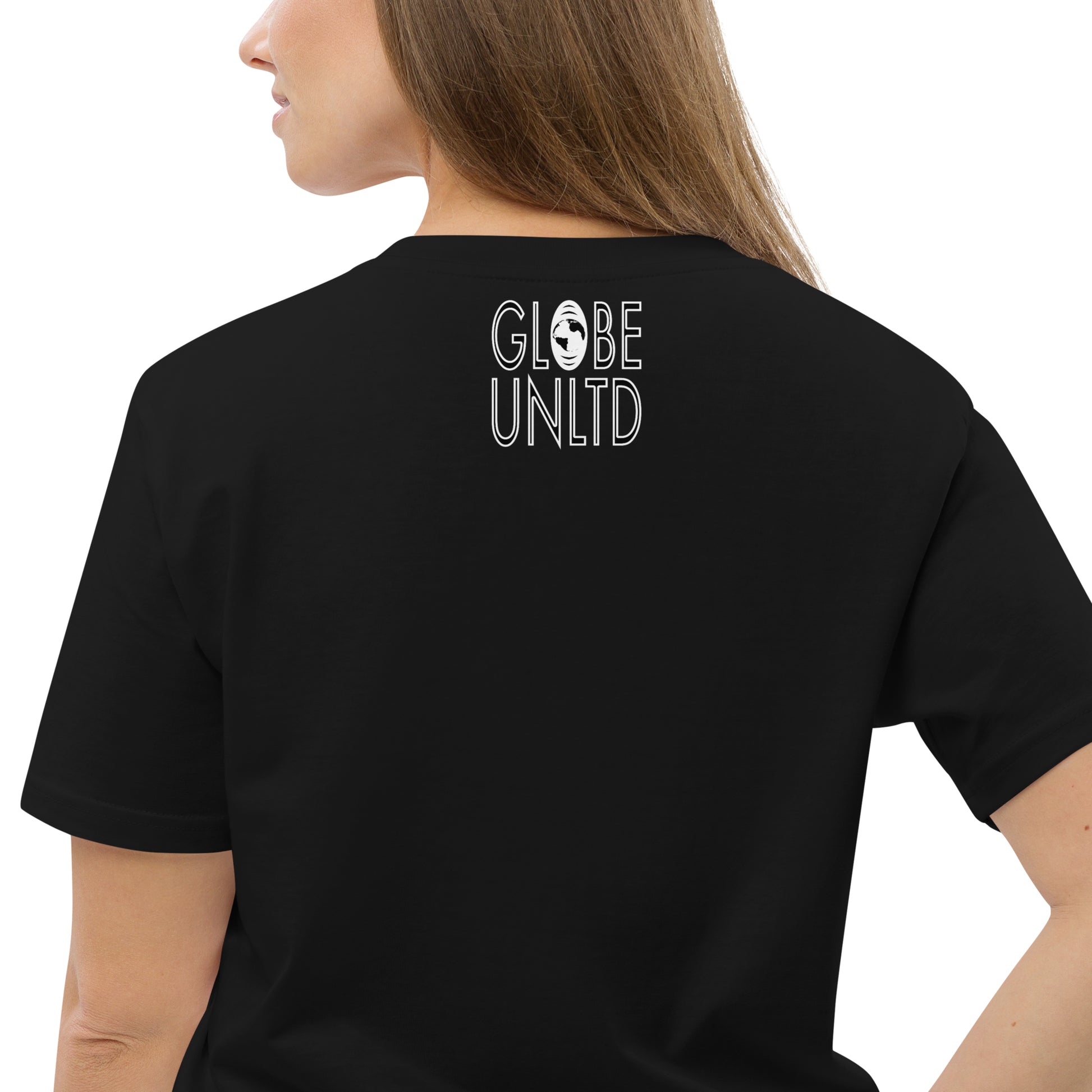 Globe UNLTD Paris PAR Graffiti 100% Organic Cotton T-Shirt in Black. Back Facing on Model.