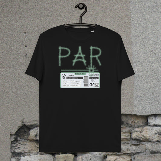Globe UNLTD Paris PAR Graffiti 100% Organic Cotton T-Shirt in Black. Front Facing on Clothes Hanger.