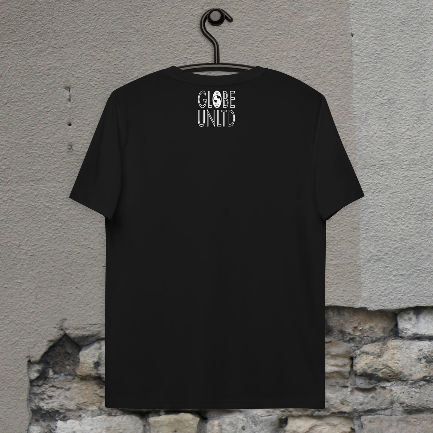 Globe UNLTD Paris PAR Graffiti 100% Organic Cotton T-Shirt in Black. Back Facing on Clothes Hanger.