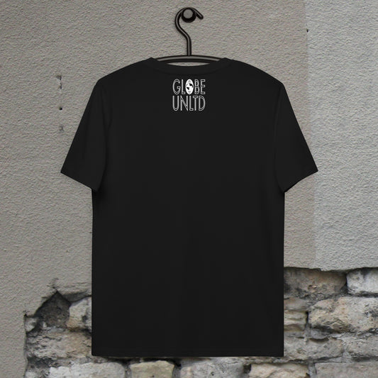 Globe UNLTD Paris CDG Boarding Card 100% Organic Cotton T-Shirt in Black. Back Facing on Clothes Hanger.