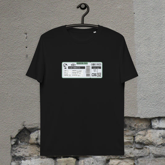 Globe UNLTD Paris CDG Boarding Card 100% Organic Cotton T-Shirt in Black. Front Facing on Clothes Hanger.