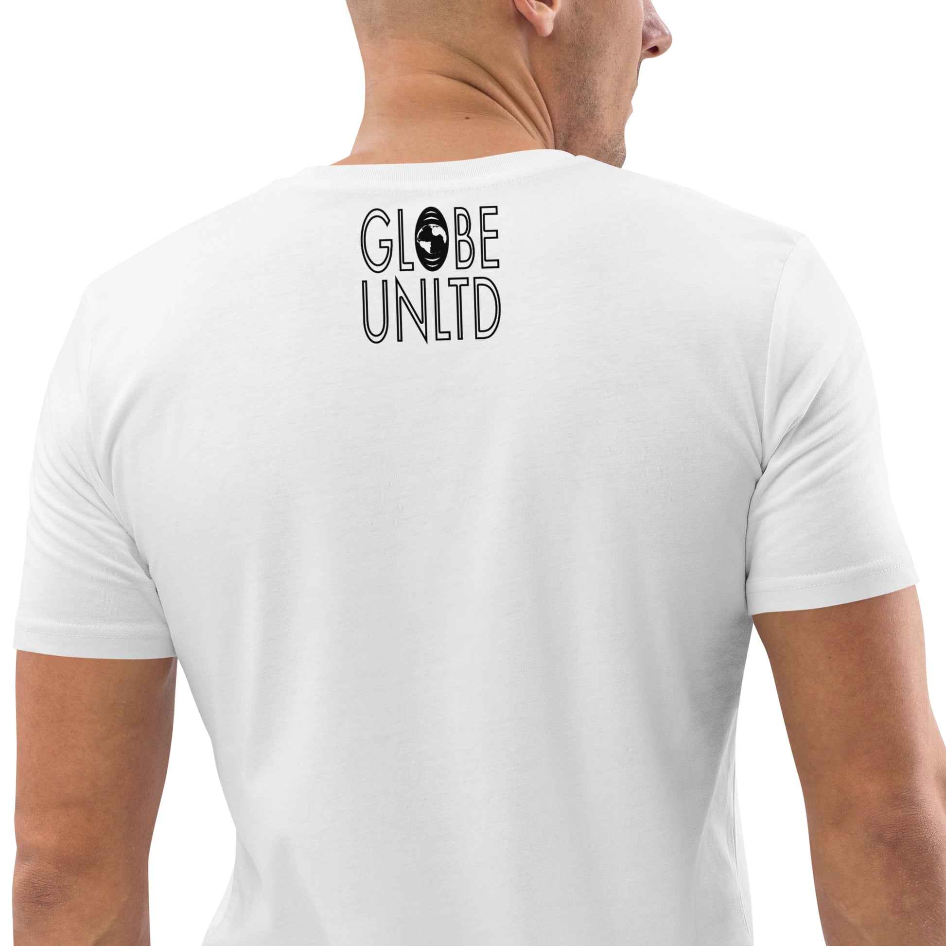 Globe UNLTD Paris PAR Graffiti 100% Organic Cotton T-Shirt in White. Back Facing on Model.