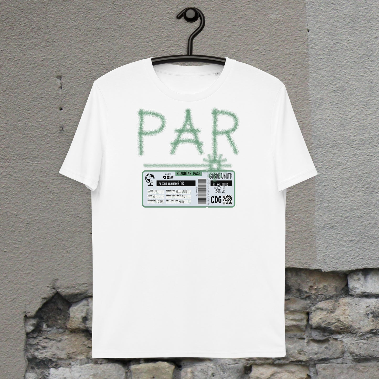 Globe UNLTD Paris PAR Graffiti 100% Organic Cotton T-Shirt in White. Front Facing on Clothes Hanger.