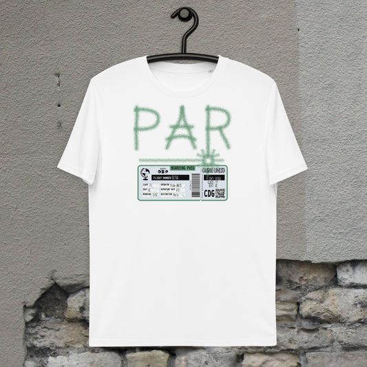Globe UNLTD Paris PAR Graffiti 100% Organic Cotton T-Shirt in White. Front Facing on Clothes Hanger.