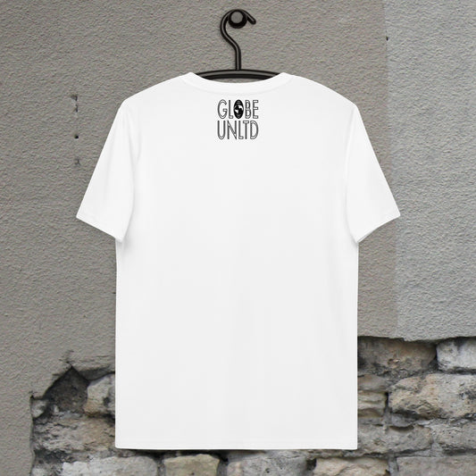 Globe UNLTD Paris PAR Graffiti 100% Organic Cotton T-Shirt in White. Back Facing on Clothes Hanger.