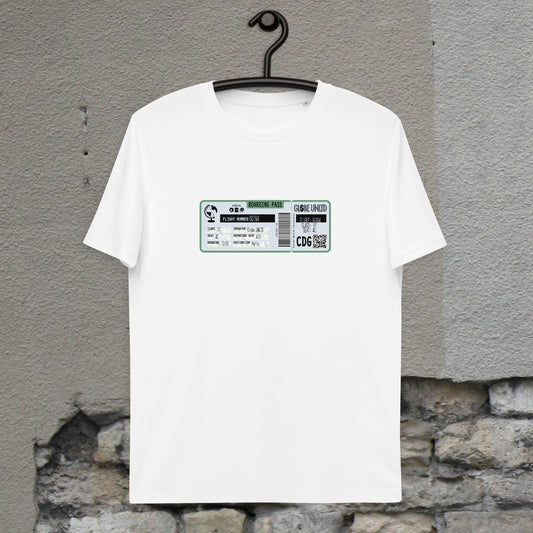 Globe UNLTD Paris CDG Boarding Card 100% Organic Cotton T-Shirt in White. Front Facing on Clothes Hanger.