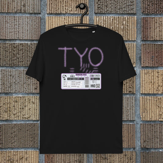 Globe UNLTD Tokyo TYO Graffiti 100% Organic Cotton T-Shirt in Black. Front Facing on Clothes Hanger.