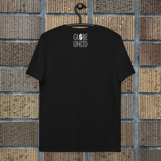 Globe UNLTD Tokyo TYO Graffiti 100% Organic Cotton T-Shirt in Black. Back Facing on Clothes Hanger.