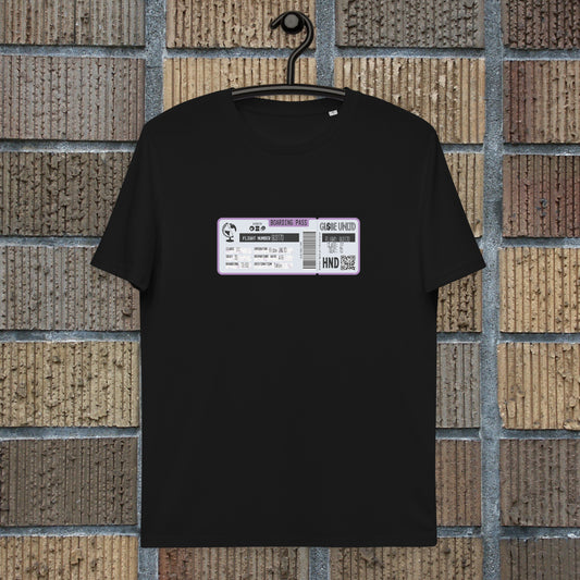 Globe UNLTD Tokyo HND Boarding Card 100% Organic Cotton T-Shirt in Black. Front Facing on Clothes Hanger.