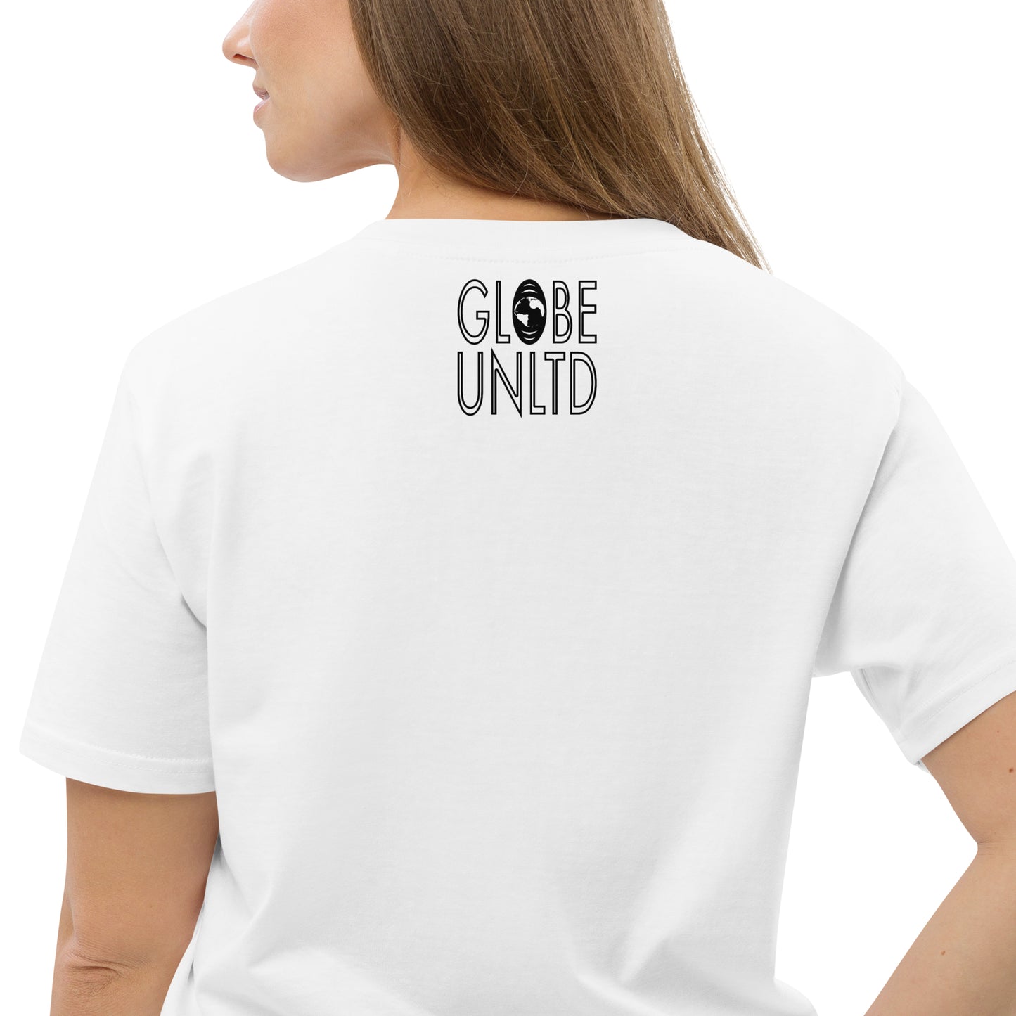 Globe UNLTD Tokyo TYO Graffiti 100% Organic Cotton T-Shirt in White. Back Facing on Model.