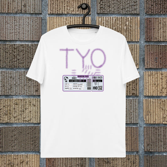 Globe UNLTD Tokyo TYO Graffiti 100% Organic Cotton T-Shirt in White. Front Facing on Clothes Hanger.