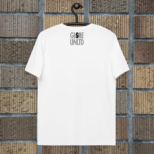 Globe UNLTD Tokyo TYO Graffiti 100% Organic Cotton T-Shirt in White. Back Facing on Clothes Hanger.