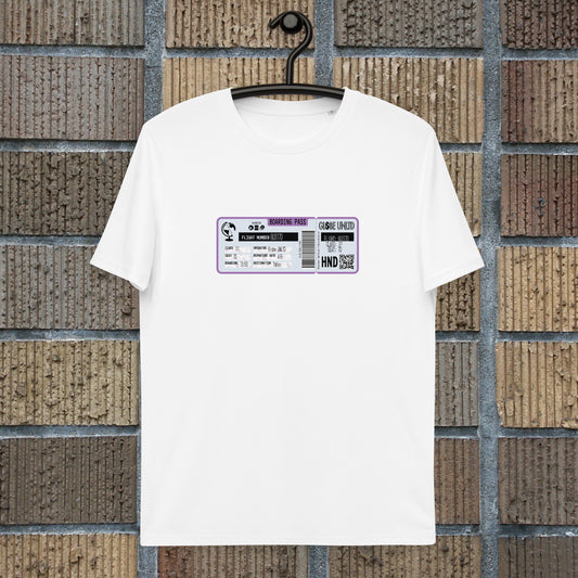 Globe UNLTD Tokyo HND Boarding Card 100% Organic Cotton T-Shirt in White. Front Facing on Clothes Hanger.