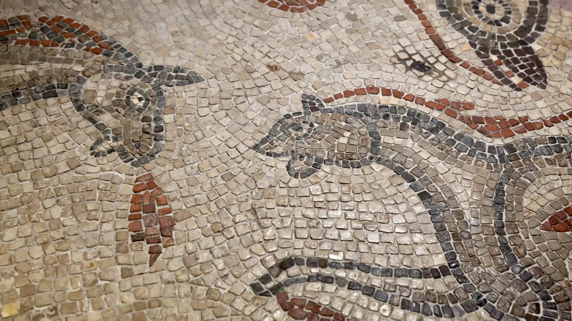 A close up of a mosaic tile pattern of horses, found at the Roman Baths in Bath, England