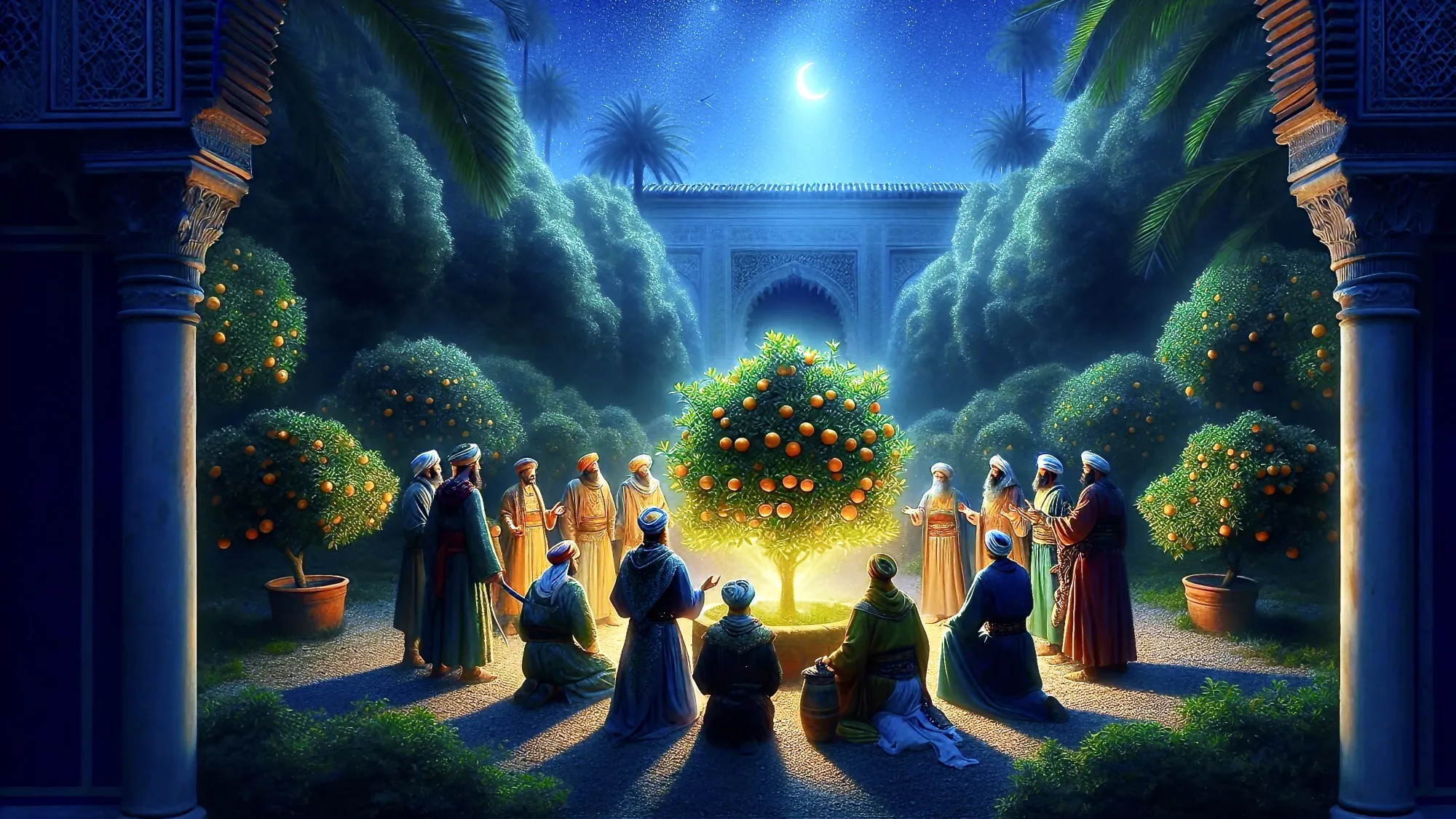 An artistic interpretation of the Moors feeling blessed by a bitter orange tree in Seville. In the image, the Seville orange tree glows as people in North African dress gather around.