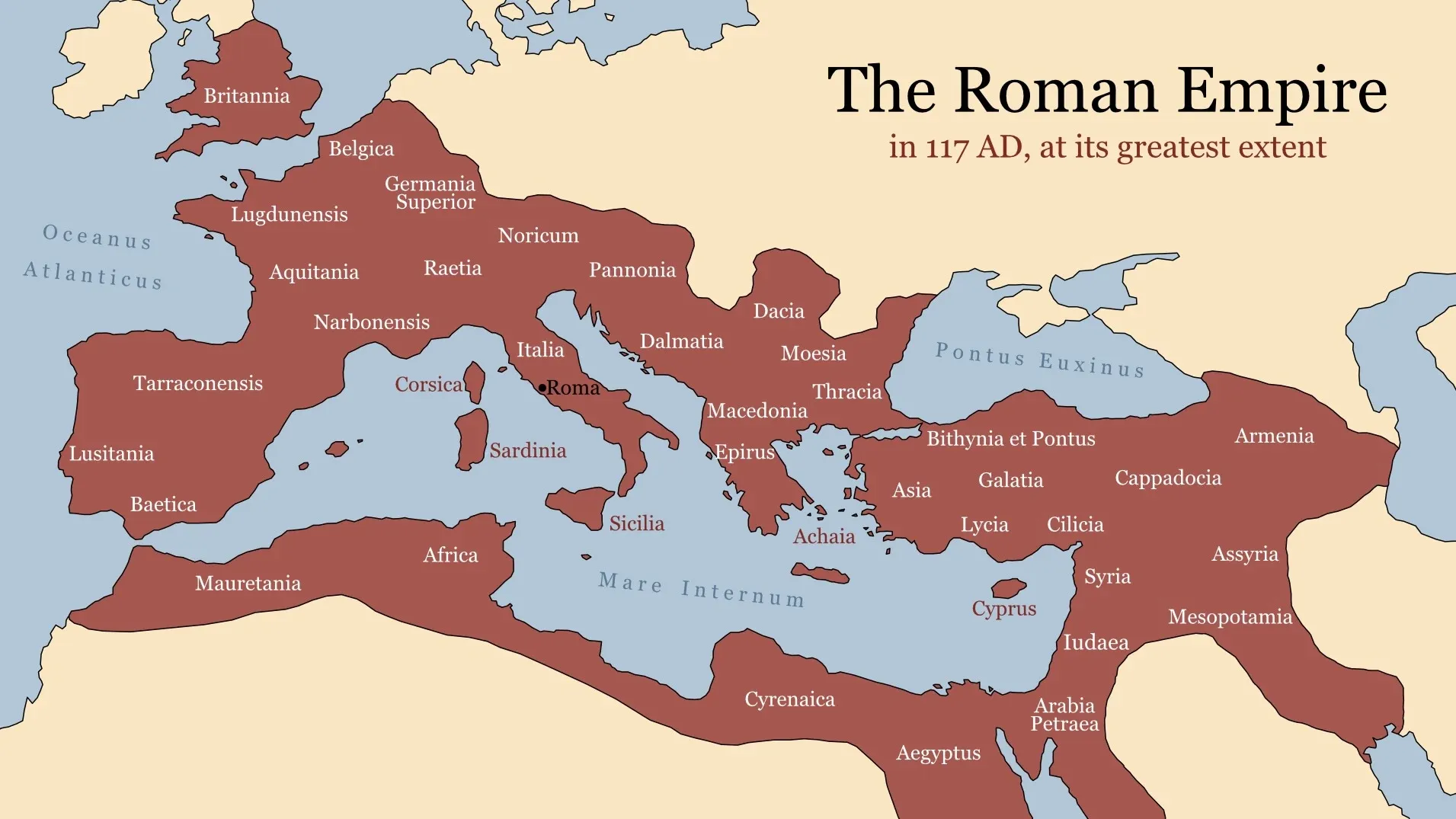 A map highlighting the land area held at the height of the ancient Roman Empire in 117 AD.