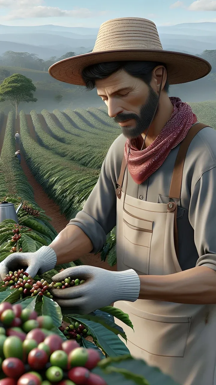A realistic AI generated image of a man picking coffee berries in a typical São Paulo coffee field.