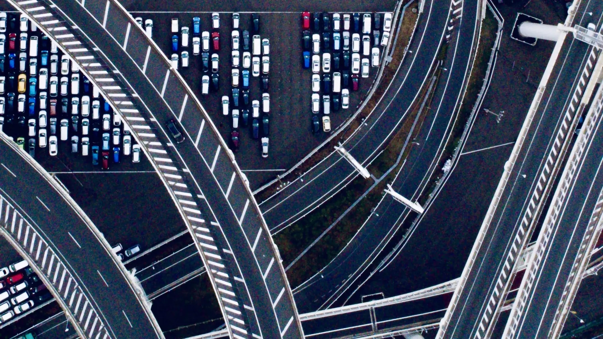 An arial shot of the Daikoku Futo parking area in Yokohama Bay, Tokyo
