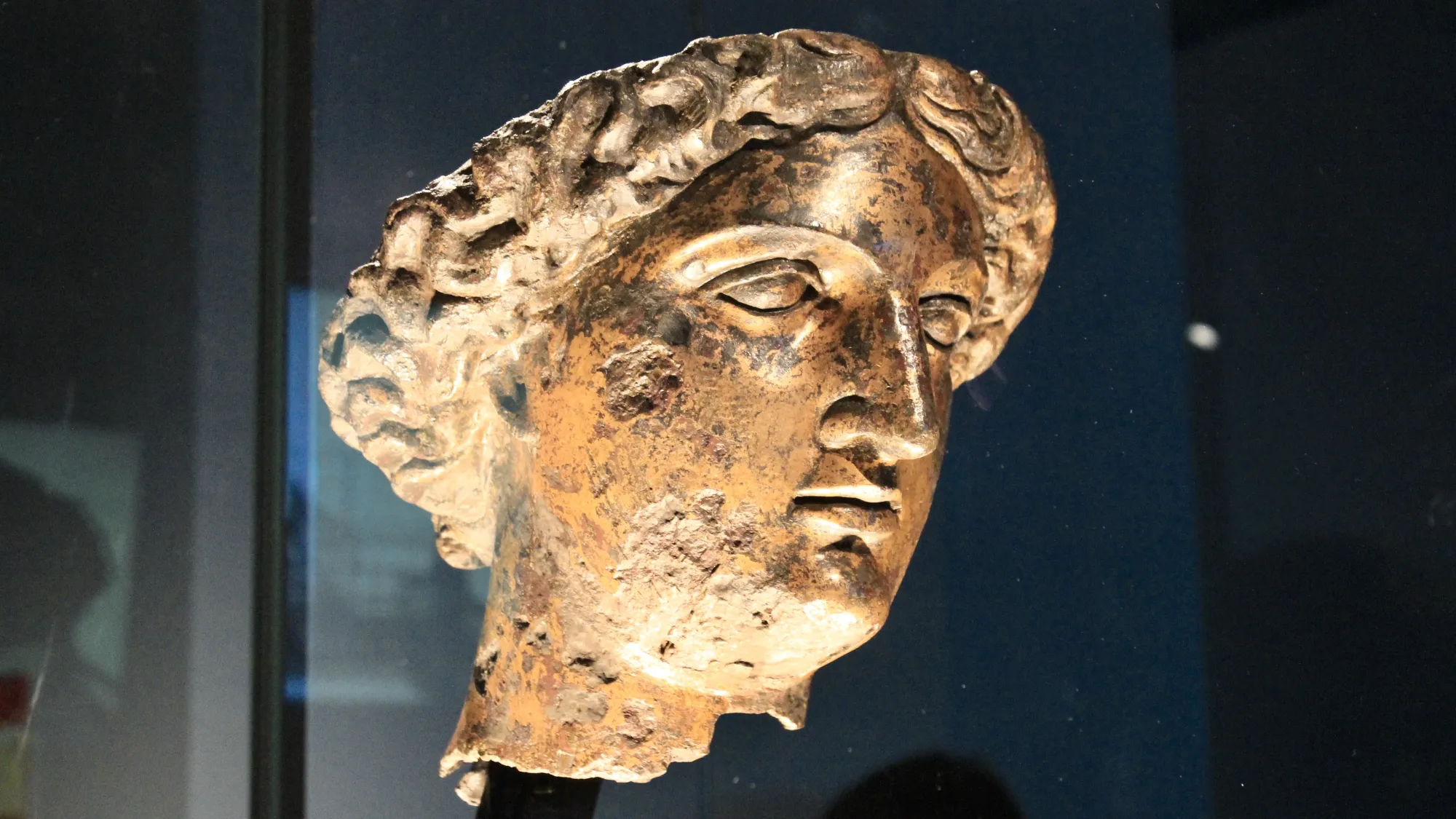 The gilt bronze head of Sulis Minerva, from a statue which would have been found in the Aquae Sulis Temple on the site of the Roman Baths in Bath.